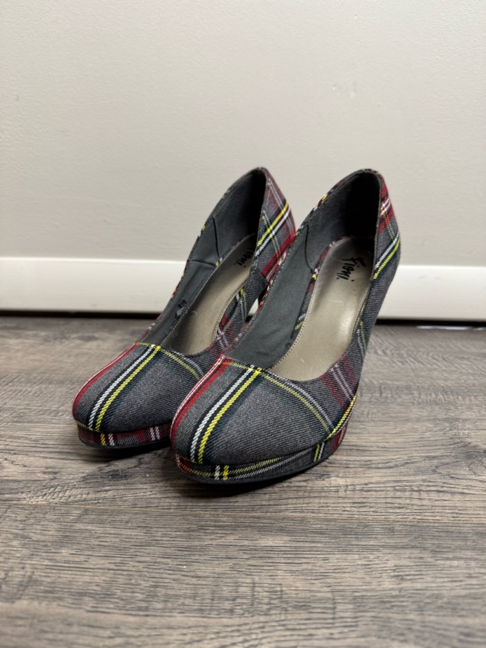 Fioni Plaid Platform Pumps in Gray and Red - Women's Heels